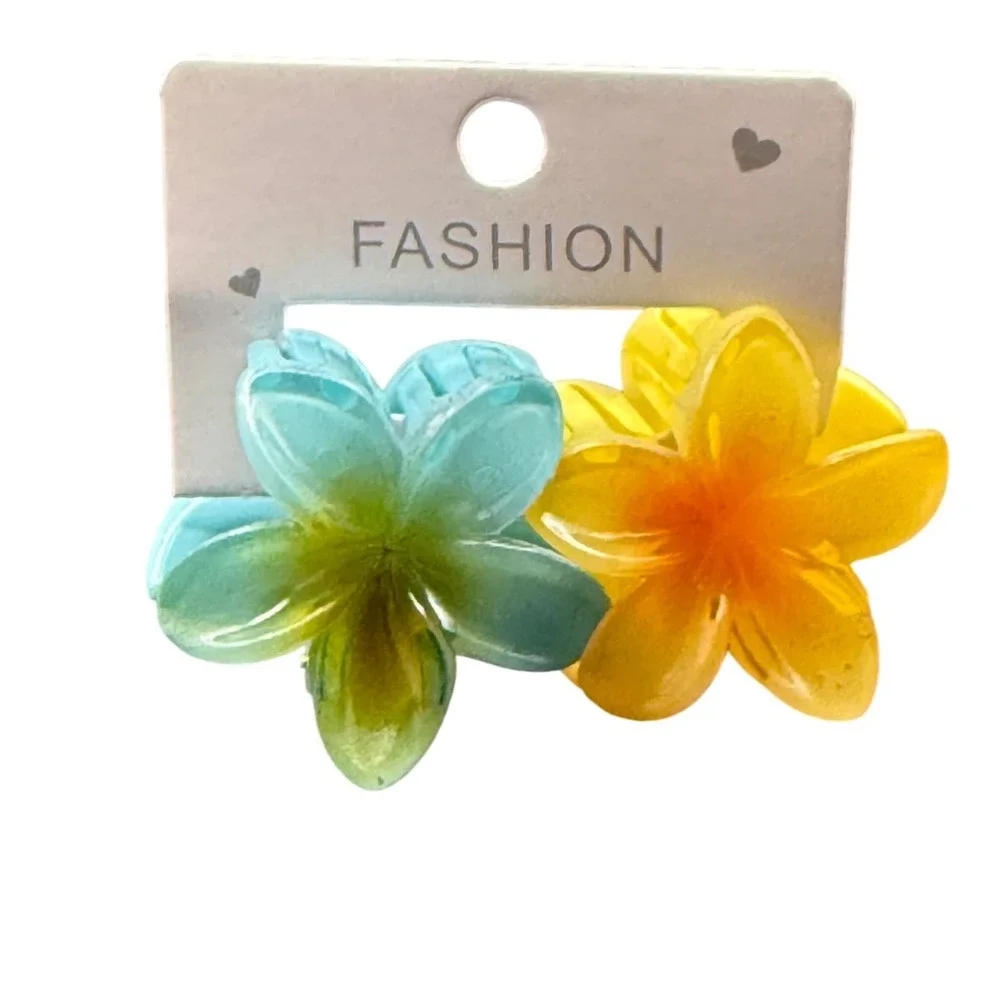 2pc Hibiscus Flower Hair Claw Clips Blue Yellow Tropical Floral Summer Accessory